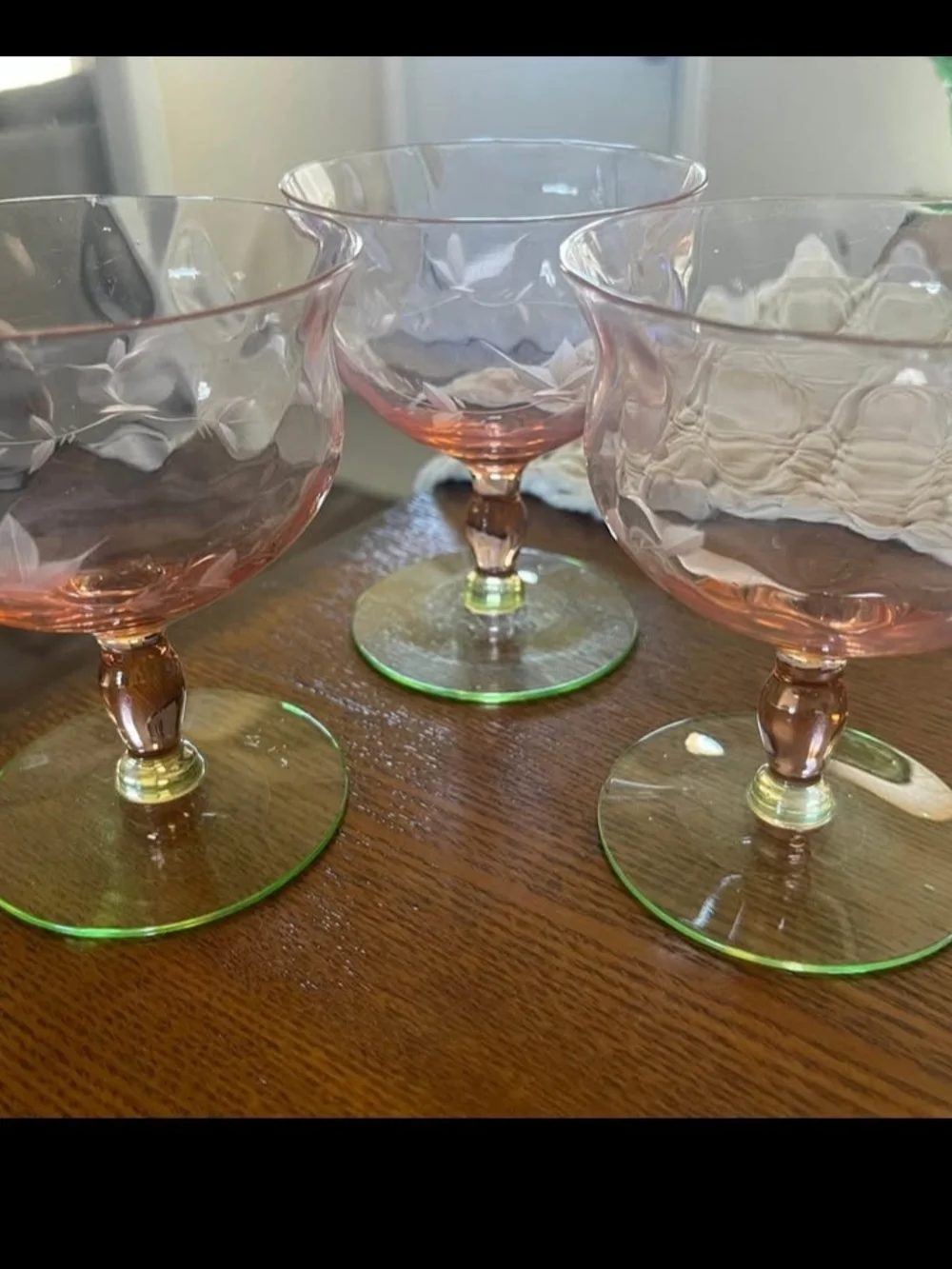 Set of 3 Vintage Tiffin Watermelon Uranium Stem Glasses